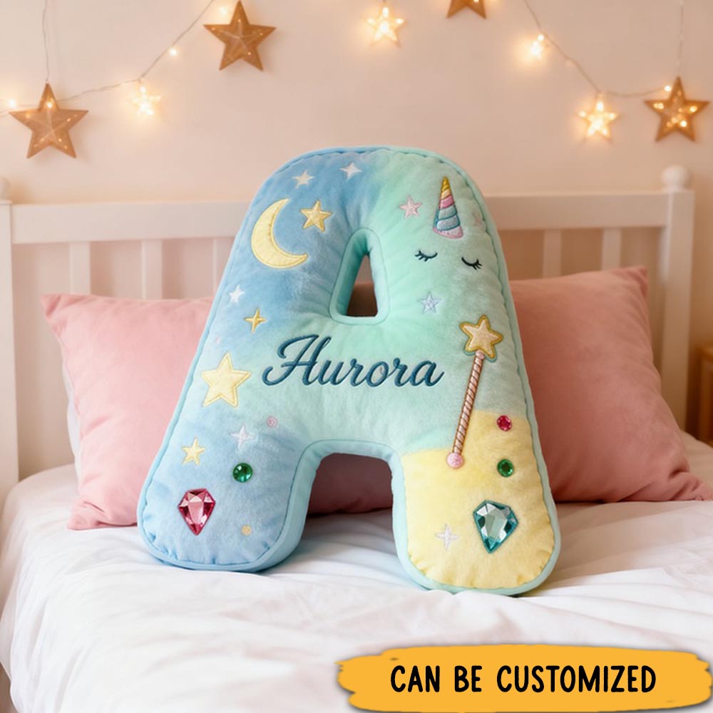 Personalized Colorful 26 Letters Unicorn Starry Dream Cute Graphic 3D Print Pillow Cute Magic Beautiful Letter Custom Pillow Gift for Kids