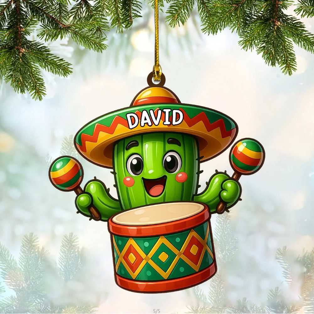 Personalized Colorful Cactus With Sombrero And Maracas Custom Acrylic Ornament Gift For Culture Enthusiasts