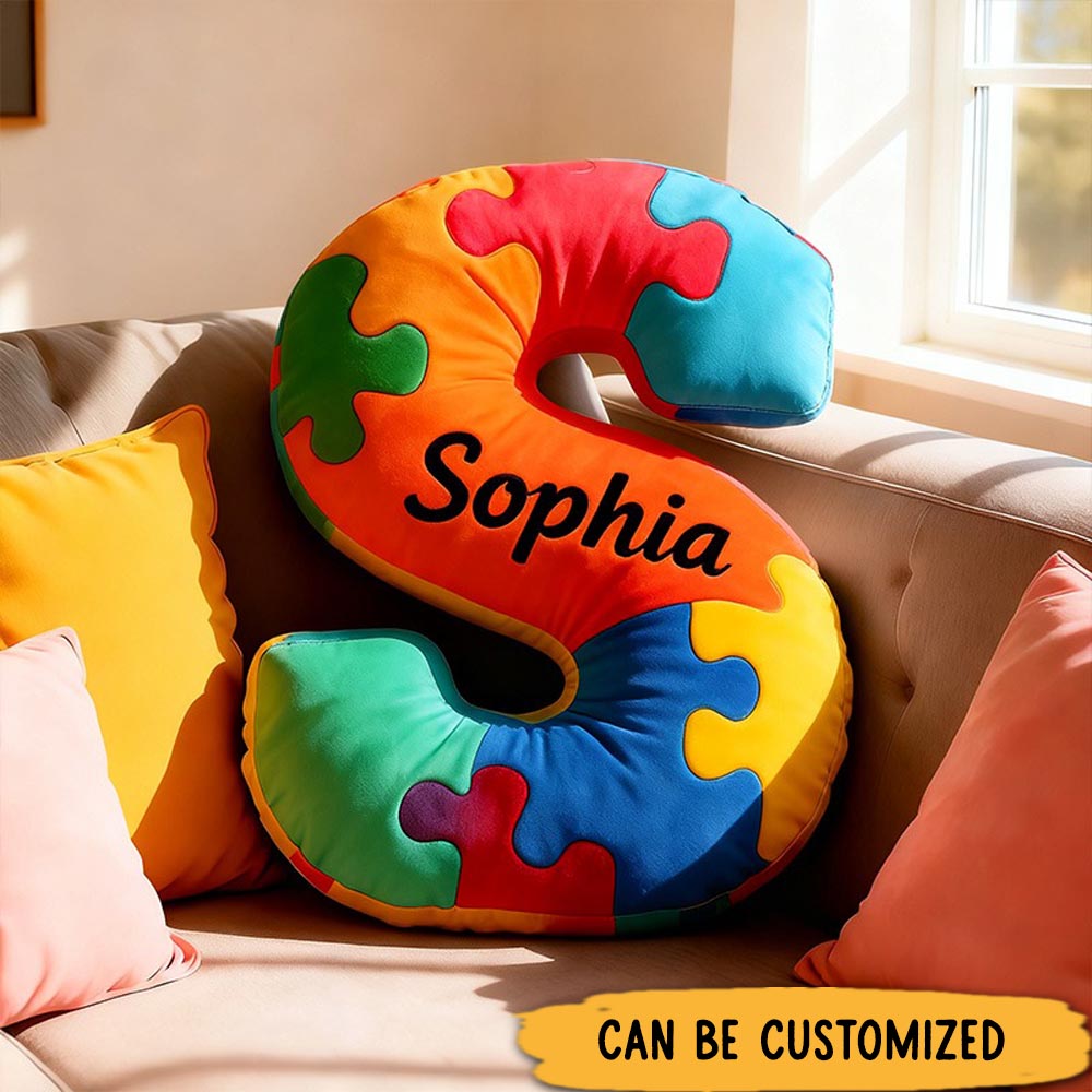Personalized Colorful Puzzle Piece Letter Initial Name Cushion Soft Decorative Gift for Kids Room Cozy Alphabet Shape Gifts for Children With Autism Pillow