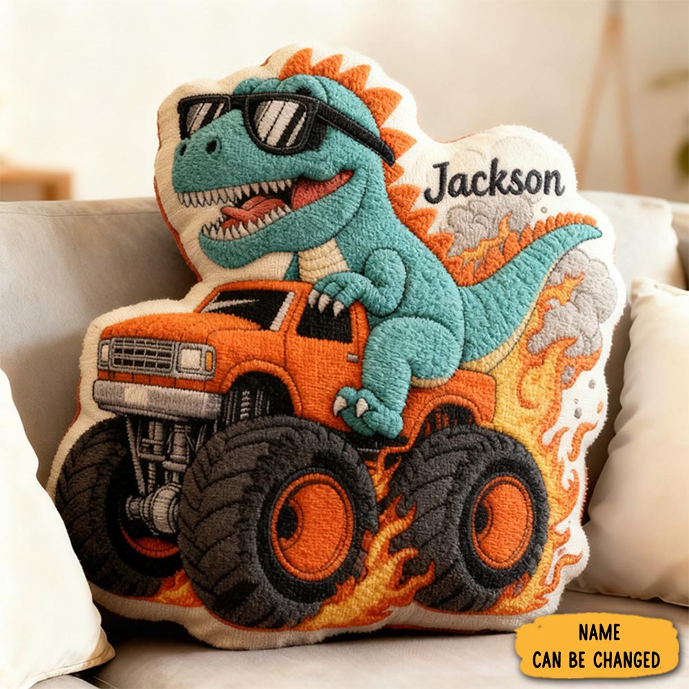 Personalized Cool Dinosaur Driving Monster Truck Custom Name Fun Boys Room Decoration Unique Adventure Style Plush Graphic 3d Print Pillow