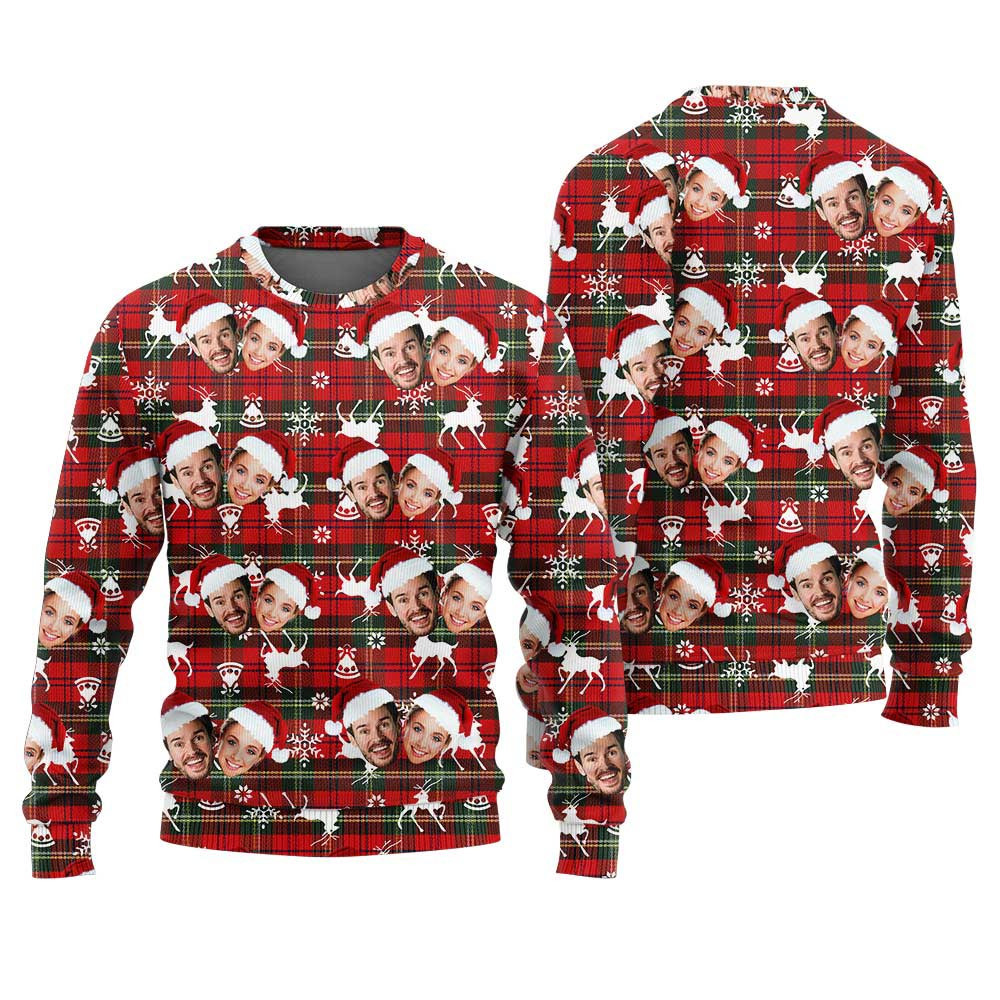 Personalized Couple 2 Faces Christmas Sweater Red Buffalo Plaid Best Ugly Christmas Sweaters