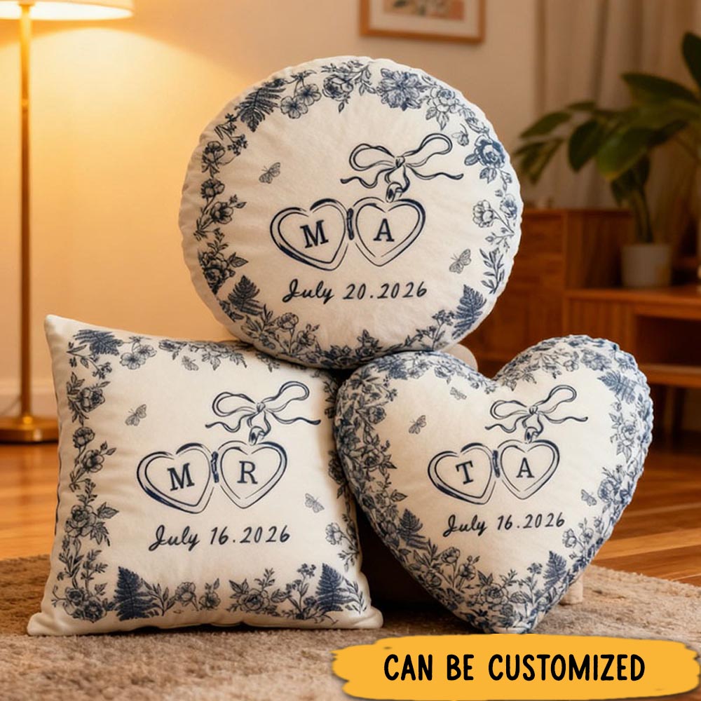 Personalized Couple Bow Locked Initial and Date Pillow Custom Wife Husband Pillow Newlyweds Wedding Toile De Jouy Cushion First Christmas Married Gift