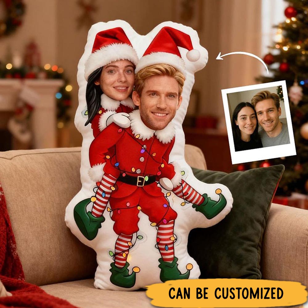 Personalized Couple Face Photo Pillow Custom Newlyweds Funny Elf Santa Claus Body Cushion First Christmas Pillow for Boyfriend Girlfriend Husband Wife