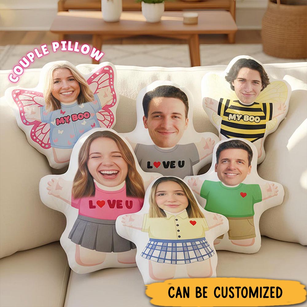Personalized Couple Face Photo Pillow Custom Newlyweds Hug Me Doll Cushion Valentine's Day Gift for Husband Wife Boyfriend Girlfriend First Christmas