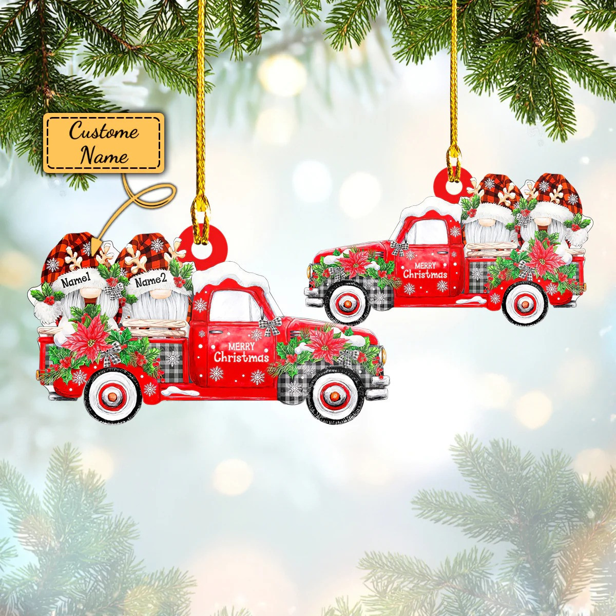 Personalized Couple Gnome Red Truck Christmas Ornament Custom Couple Ornaments 2024
