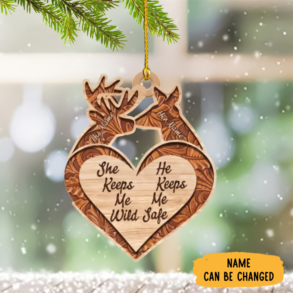 Personalized Couple Hunter Christmas Ornament 2024 She Keeps Me Wild He Keeps Me Safe