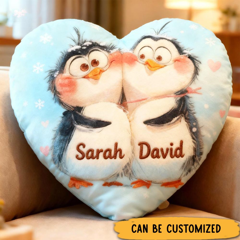 Personalized Couple Penguin Hugging Design Custom Names Newlyweds Couple Home Pillow Romantic Anniversaries Gift for Husband Wife Home