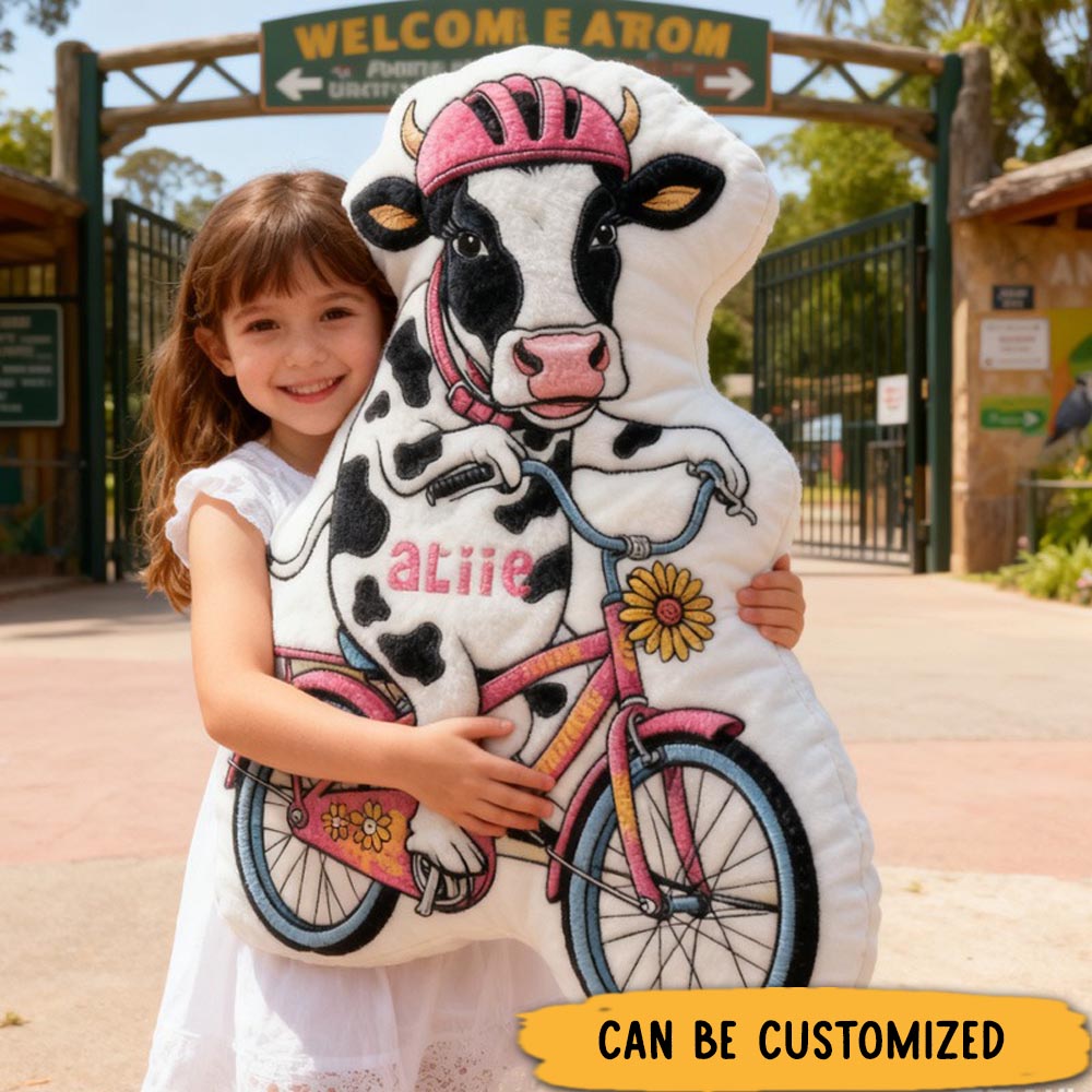 Personalized Cow Rider Bike Pillow Cozy Graphic 3D Print Funny Princess Pillow Name Pillow Comfortable Travel Cushion for Kids Girls Riding Lovers