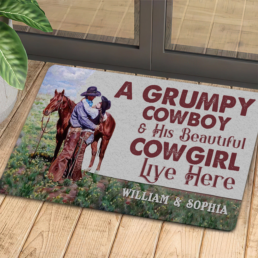 Personalized Cowboy Doormat A Grumpy Cowboy His Beautiful Cowgirl Live Here Gift For Rodeo Lovers New Home Gift Housewarming Gift Horse Decor