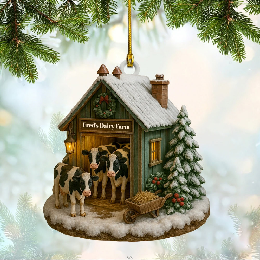 Personalized Cozy Winter Scene At Dairy Farm Personalized Custom Flat Acrylic Ornament Gift For Farm Enthusiasts