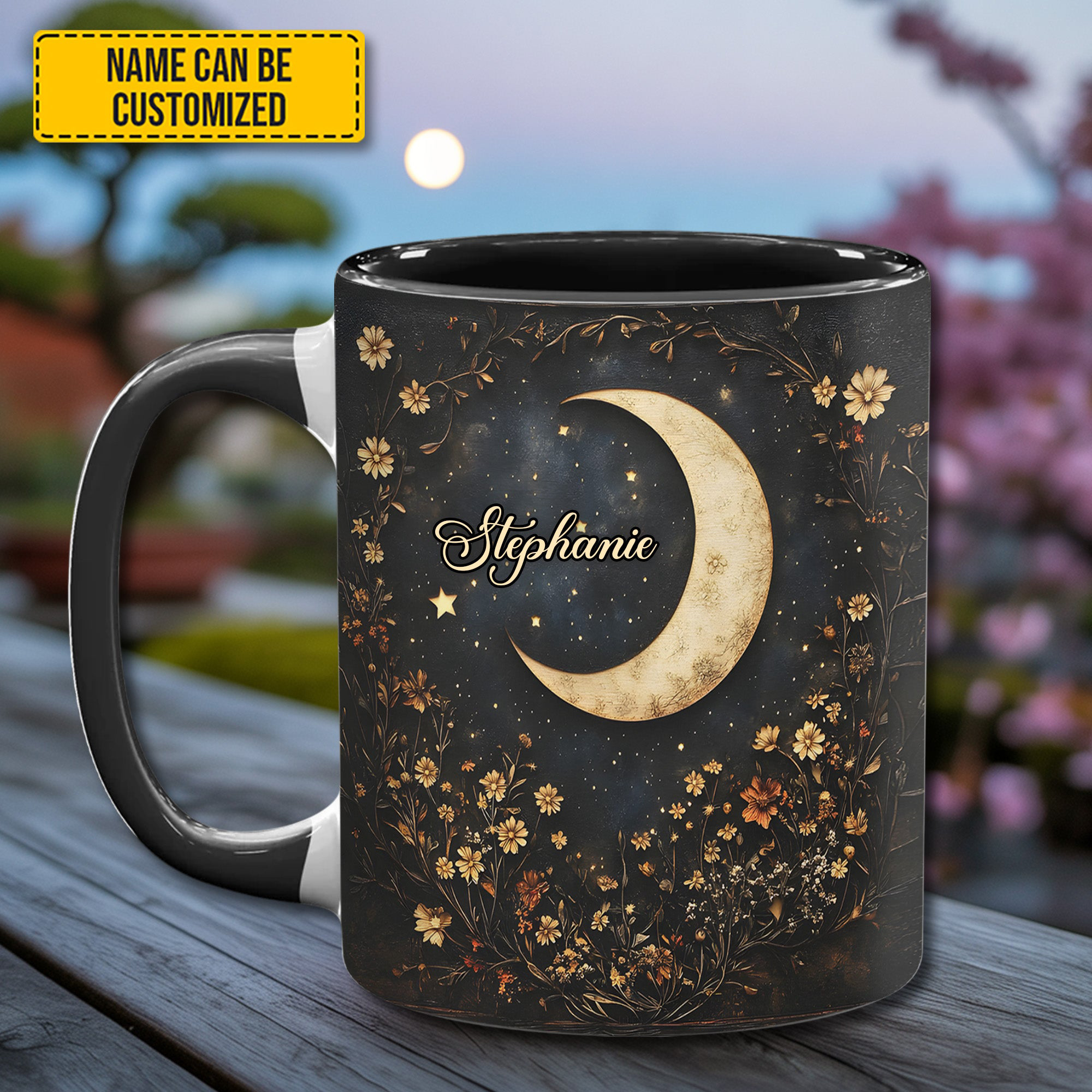 Personalized Crescent Moon Wildflower Mug Nature Vibe Aesthetic Mug Unique Presents