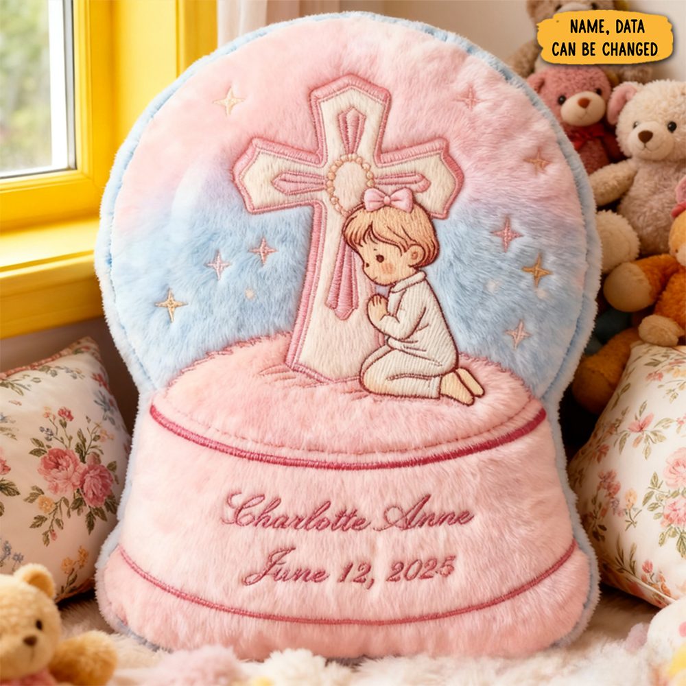 Personalized Cross Keepsake Snowglobe Pillow With Name And Date Praying Figure Pillow Inspirational Christian Baptism Gift Graphic 3d Print Pillow