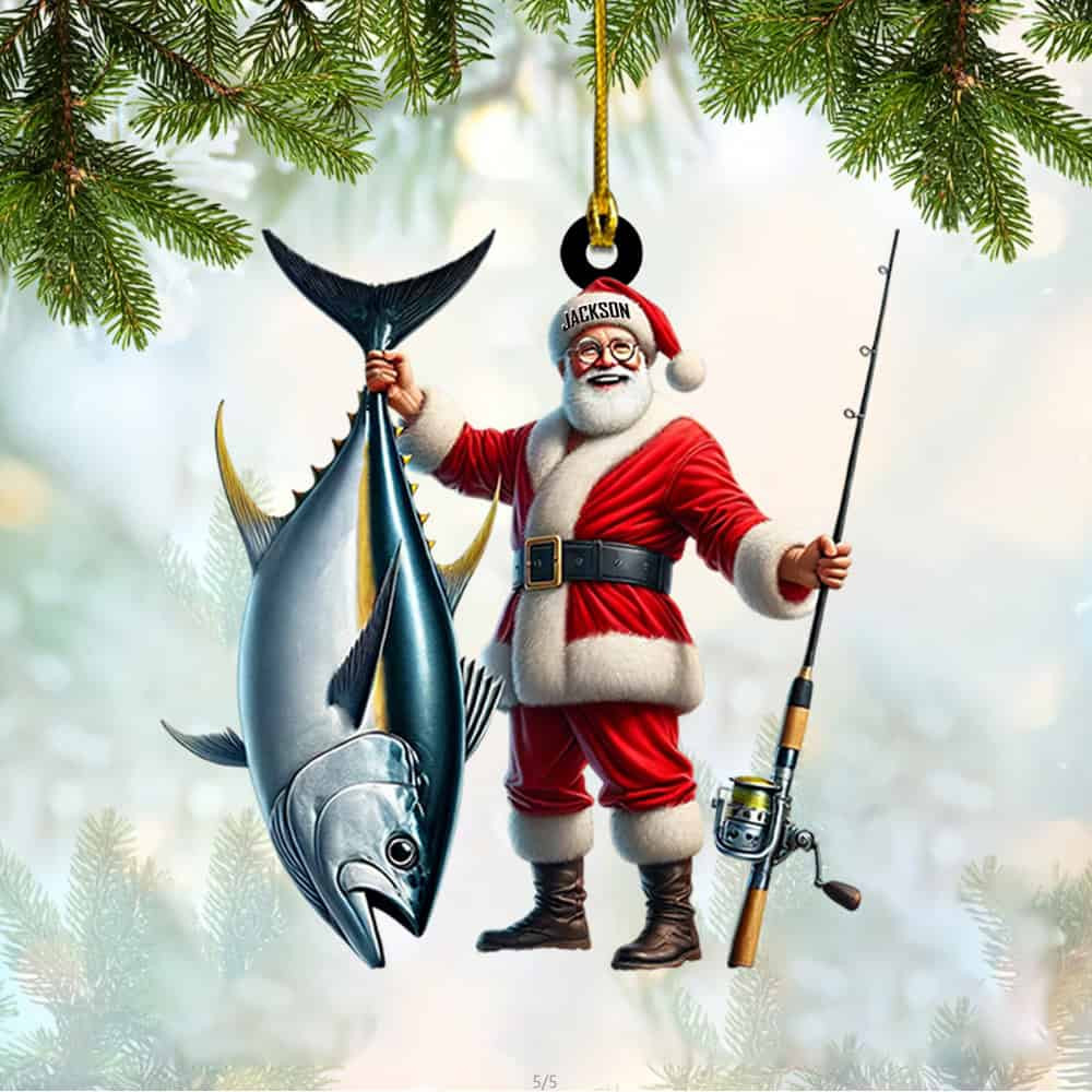 Personalized Custom Name Santa Fishing Christmas Ornament Personalized Fishing Acrylic Ornament Gift For Fishing Lover