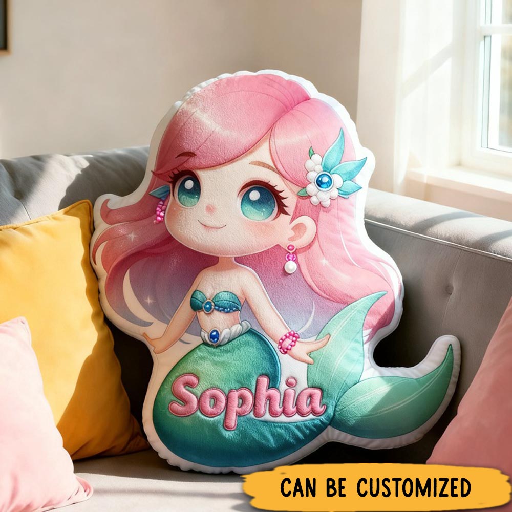Personalized Cute 3D Cartoon Fantasy Mermaid with Name Pillow Christmas Gift for Kids Family