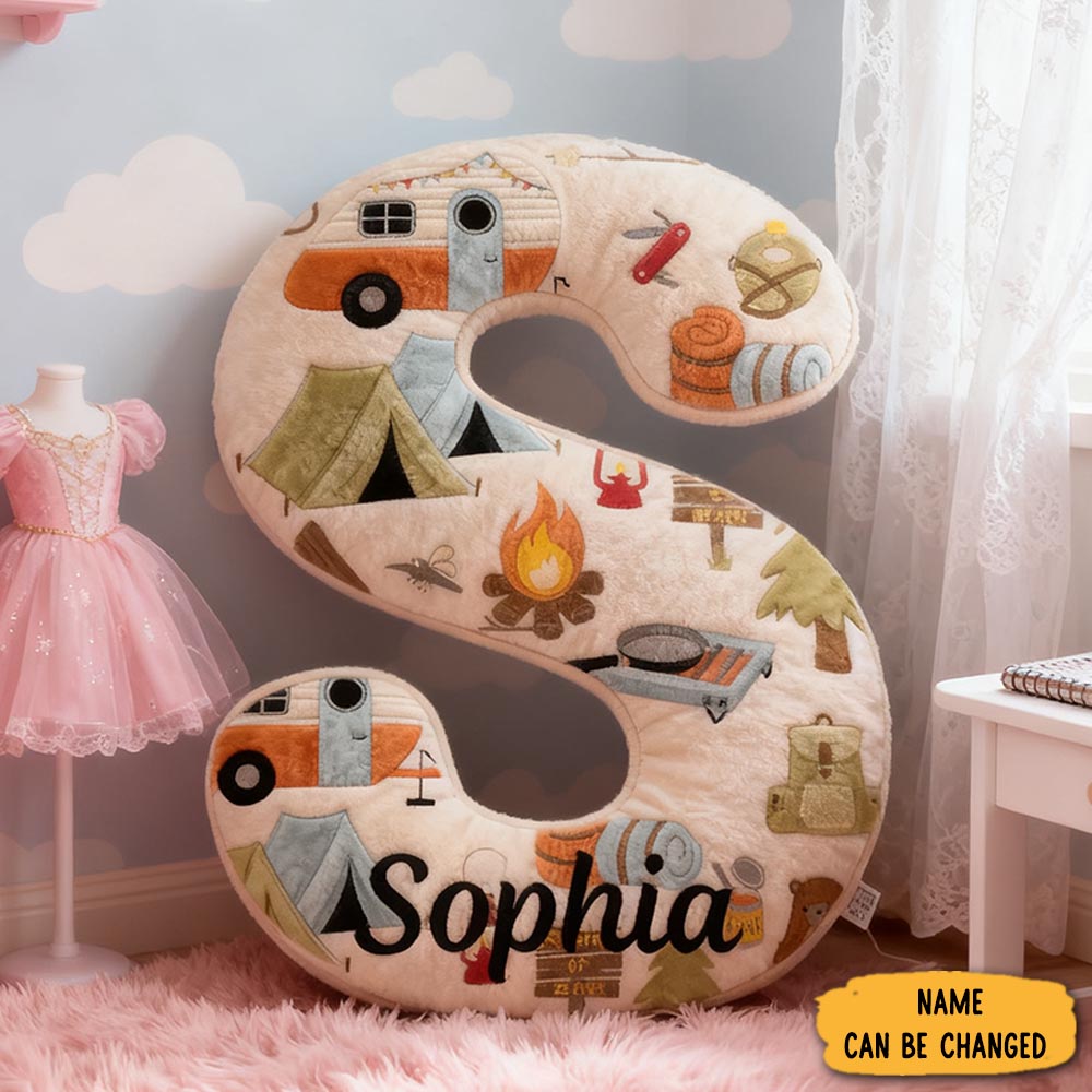 Personalized Cute Camping Kid Letter Shaped Pillow Adventurous Camping Lover Kid Pillow Gifts For Kid Camping