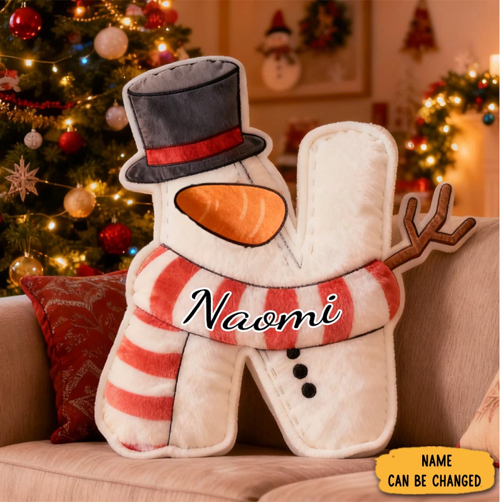 Personalized Cute Cartoon Santa Hat Snowman Initial Pillow Christmas Gift For Kids