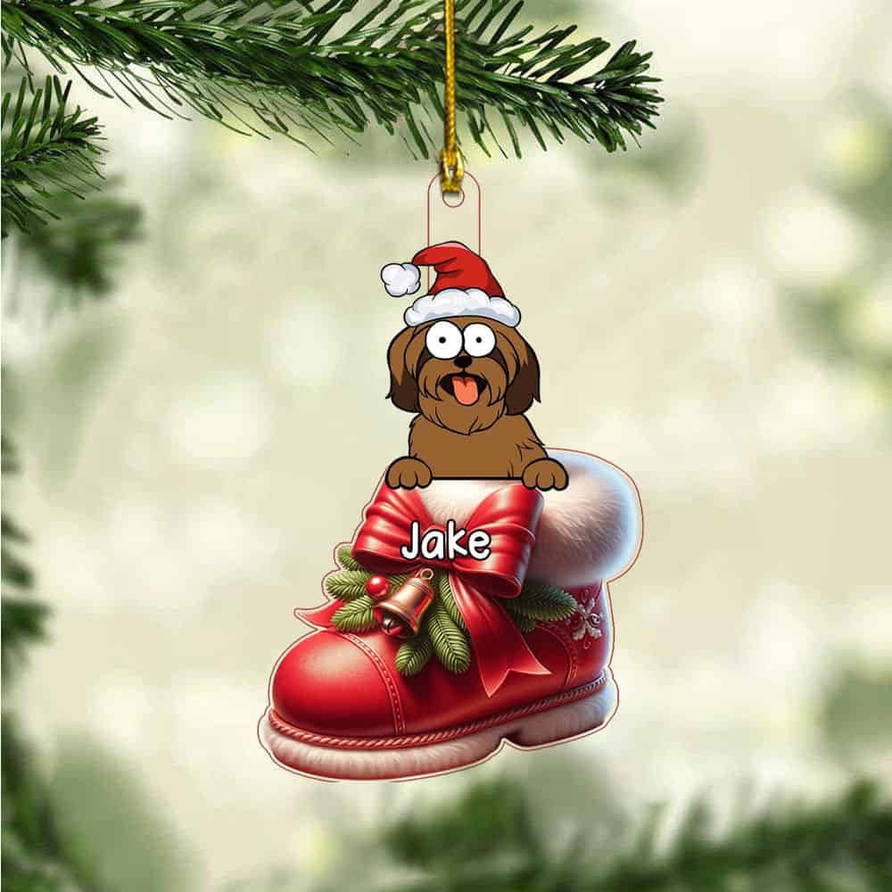 Personalized Cute Dog Puppy On Christmas Boots Shoes Personalized Acrylic Ornament Gift For Dog Lover