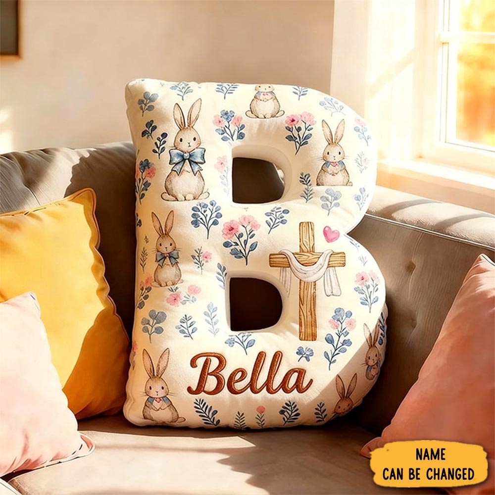 Personalized Cute Easter Bunny Cross Letter Pillow With Custom Name Kid Room Decor Floral Graphic 3d Print Pillow Girl Boy Gift Christian Easter Gift