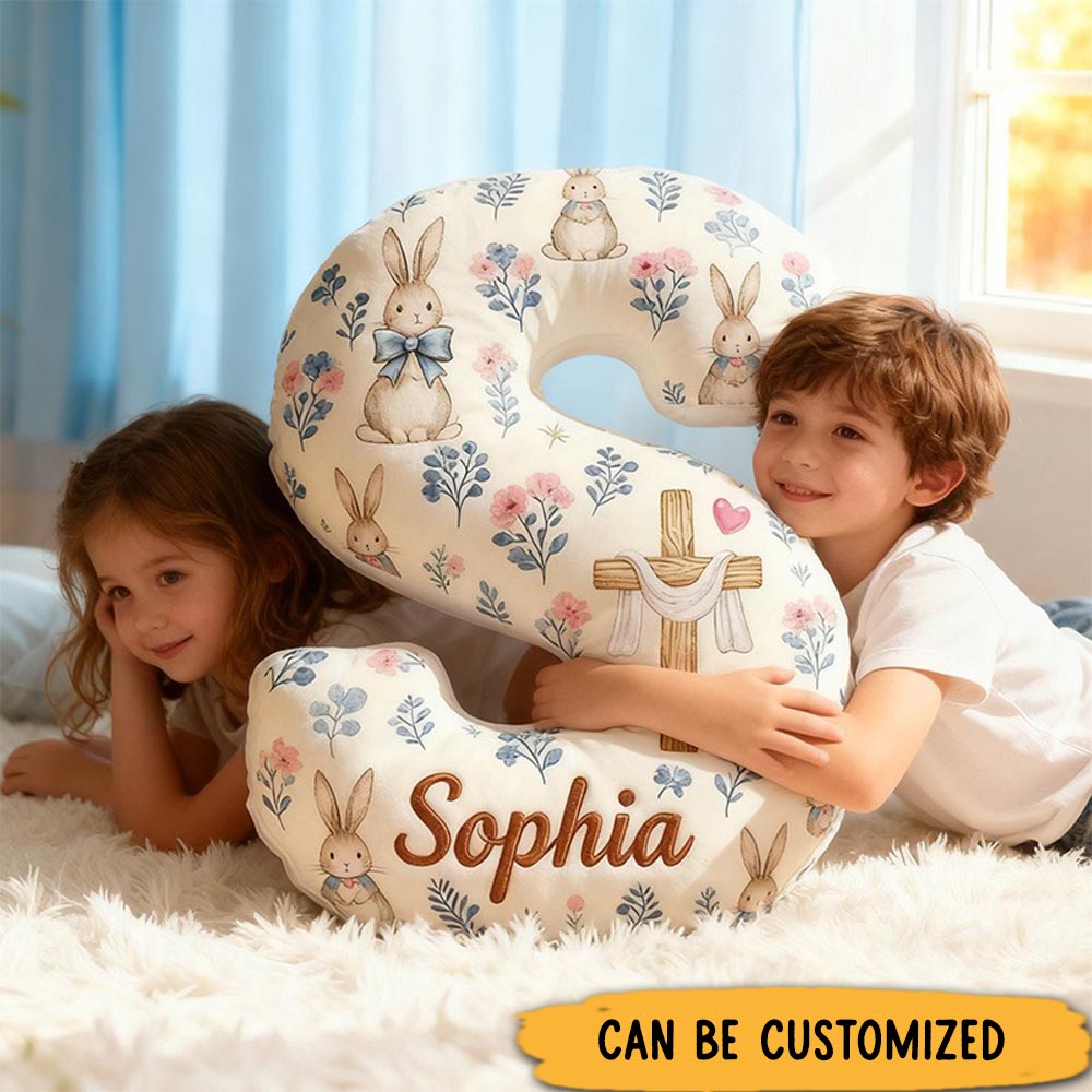 Personalized Cute Easter Bunny Cross Letter Pillow with Custom Name Kid Room Decor Floral Graphic 3D Print Pillow Girl Boy Gift Christian Easter Gift