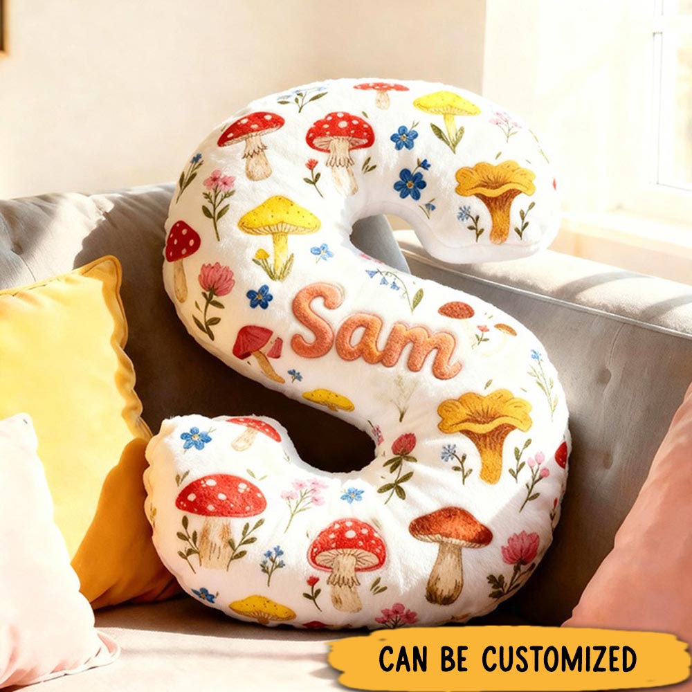 Personalized Cute Flower Letter Pillow Graphic 3D Print Whimsical Mushroom Flower Name Pillow for Kids Family Gardening Lover Gift