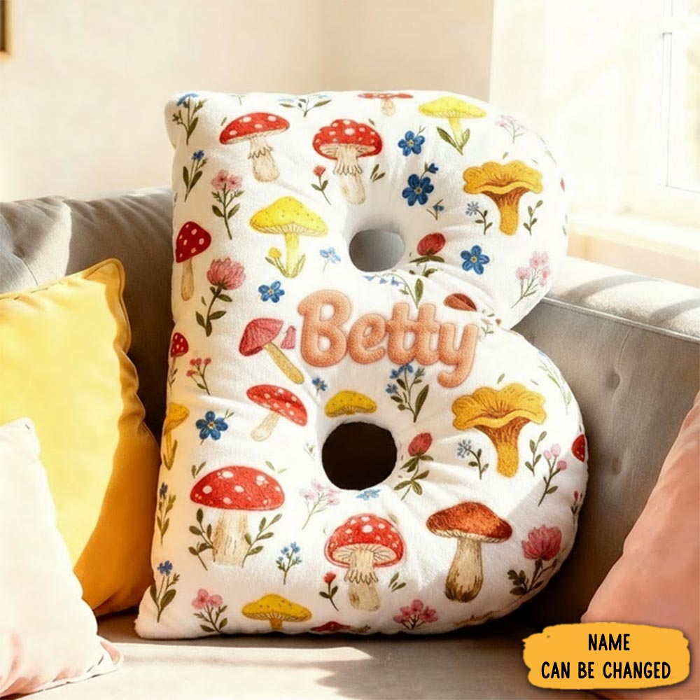 Personalized Cute Flower Letter Pillow Graphic 3d Print Whimsical Mushroom Flower Name Pillow For Kids Family Gardening Lover Gift