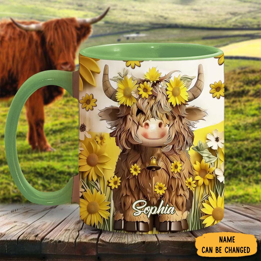 Personalized Cute Highland Cow Mug Flower Design Morning Coffee Mug Gifts For Cow Owners