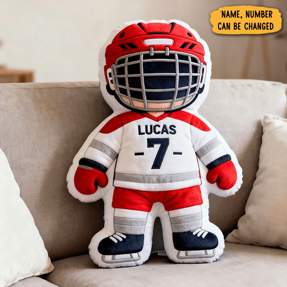 Personalized Cute Hockey Player Pillow With Custom Name And Number