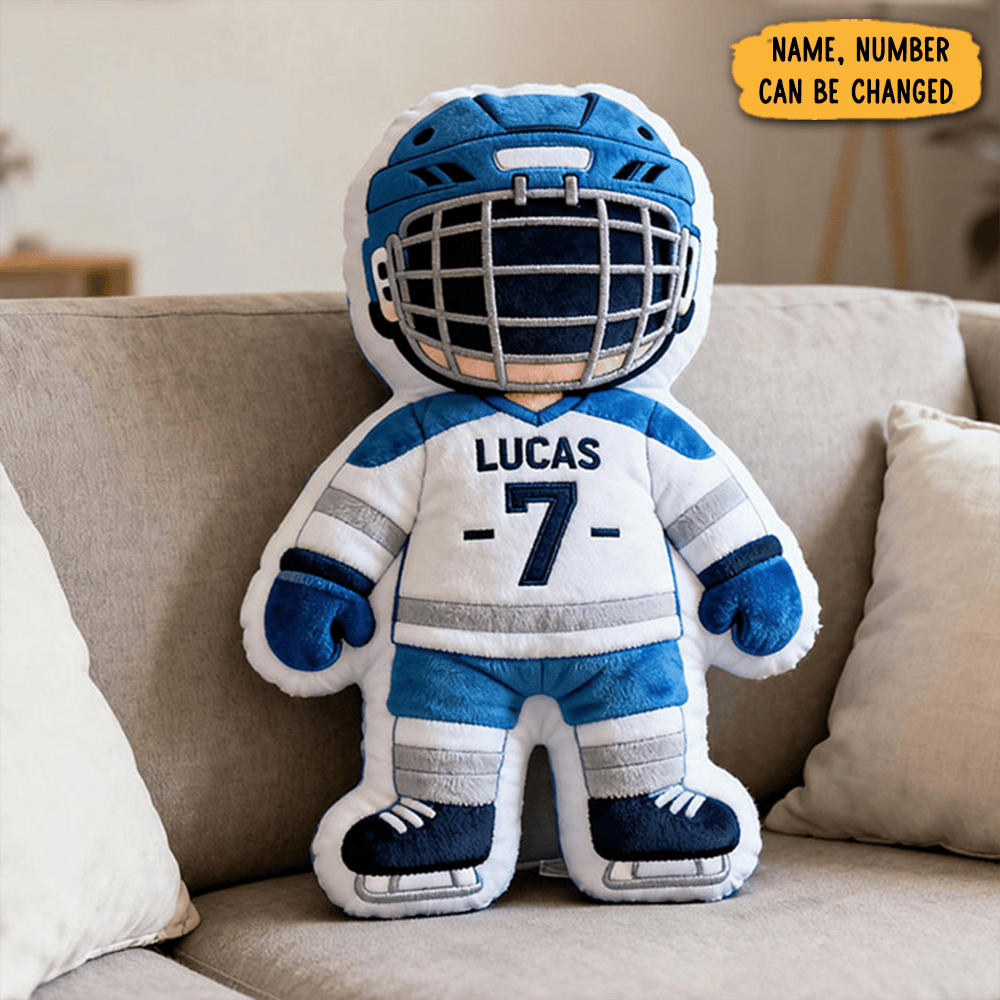 Personalized Cute Hockey Player Pillow With Custom Name Number And Team Details For Girls And Boys