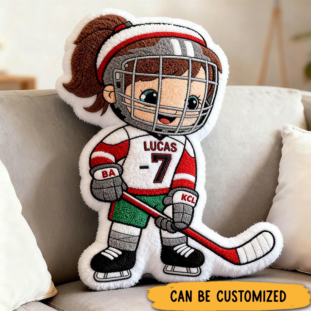Personalized Cute Hockey Player Pillow with Custom Name Number and Team Details for Girls and Boys