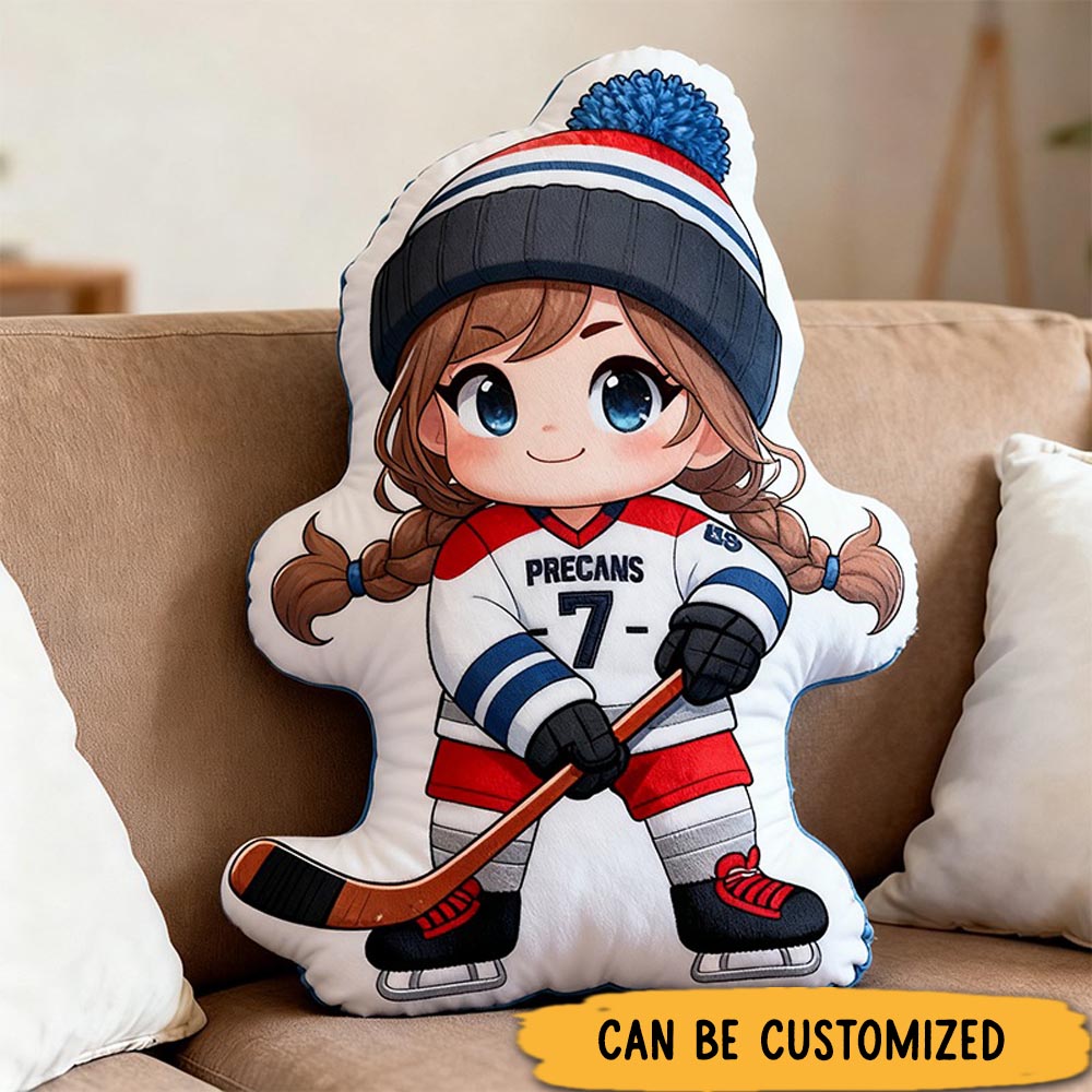 Personalized Cute Ice Hockey Player Pillow with Custom Name and Number for Girls and Boys