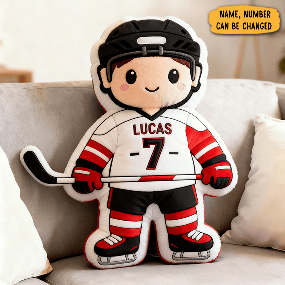 Personalized Cute Ice Hockey Player Pillow With Custom Name And Number For Girls And Boys