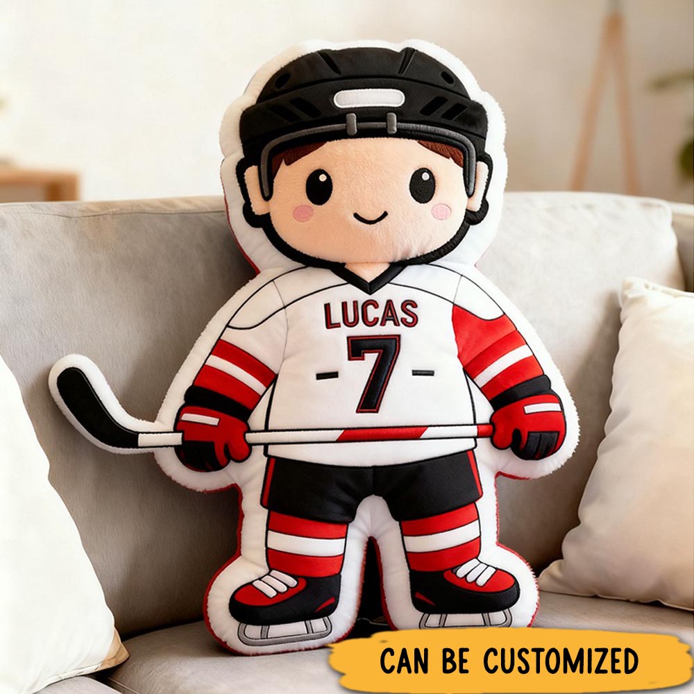 Personalized Cute Ice Hockey Themed Pillow with Custom Name and Jersey Number for Kids and Fans