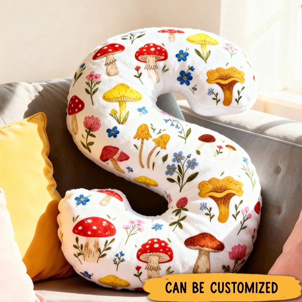 Personalized Cute Letter Pillow Whimsical Mushroom Flower Pillow for Kids Family Gardening Lover Gift