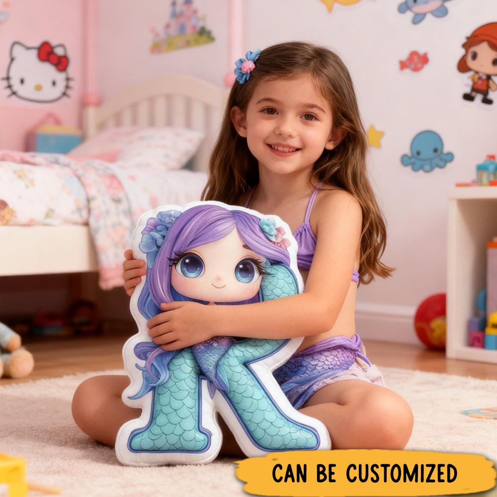 Personalized Cute Mermaid Initial Pillow Christmas Gift for Kids