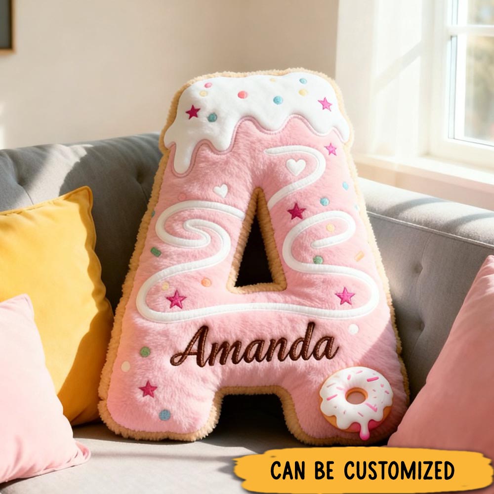 Personalized Cute Pink Donuts Initial Name Pillow Christmas Gift for Kids