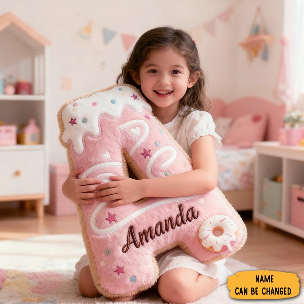 Personalized Cute Pink Donuts Initial Name Pillow Christmas Gift For Kids
