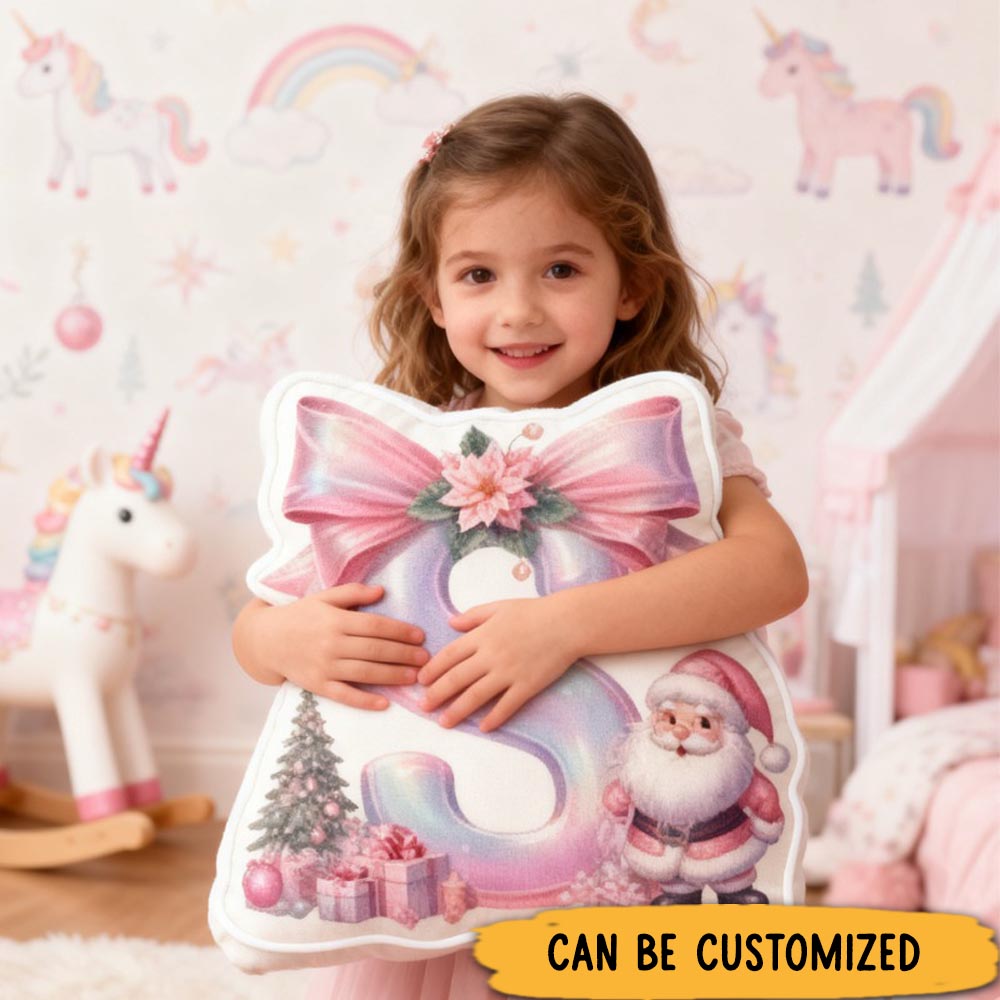 Personalized Cute Pink Santa Claus Initial Pillow Christmas Gift for Kids