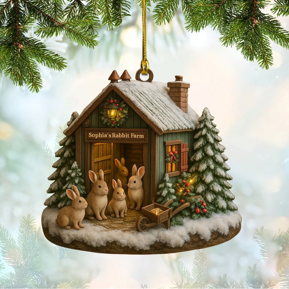 Personalized Cute Rabbit Farm Ornament With Christmas Trees Personalized Custom Acrylic Ornament Gift For Rabbit Lovers