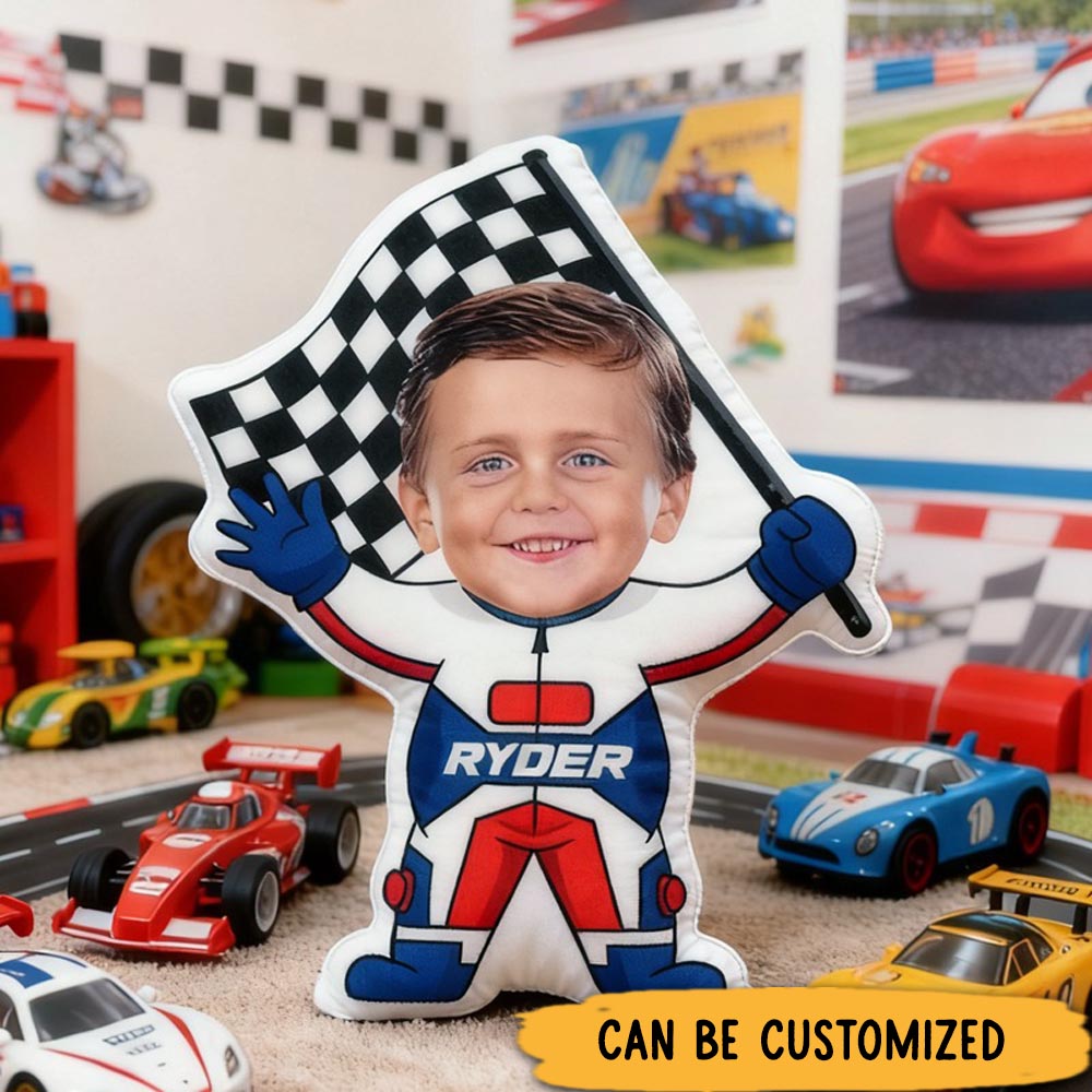 Personalized Cute Racer Boy with Name Graphic 3D Print Pillow Christmas Gift for Kids