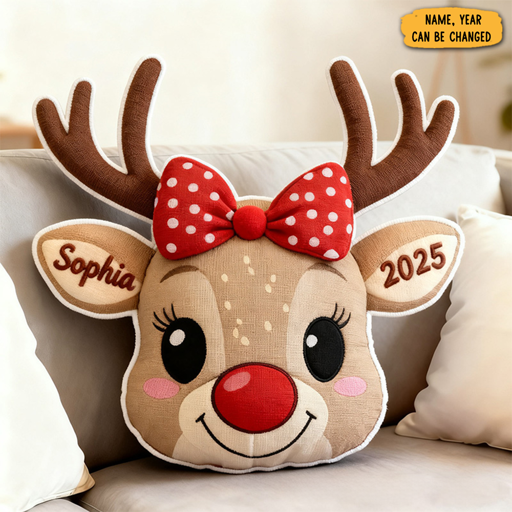 Personalized Cute Reindeer Face With Red Bow Custom Name And Year Soft Holiday Decoration Cozy Christmas Gift Plush Graphic 3d Print Pillow