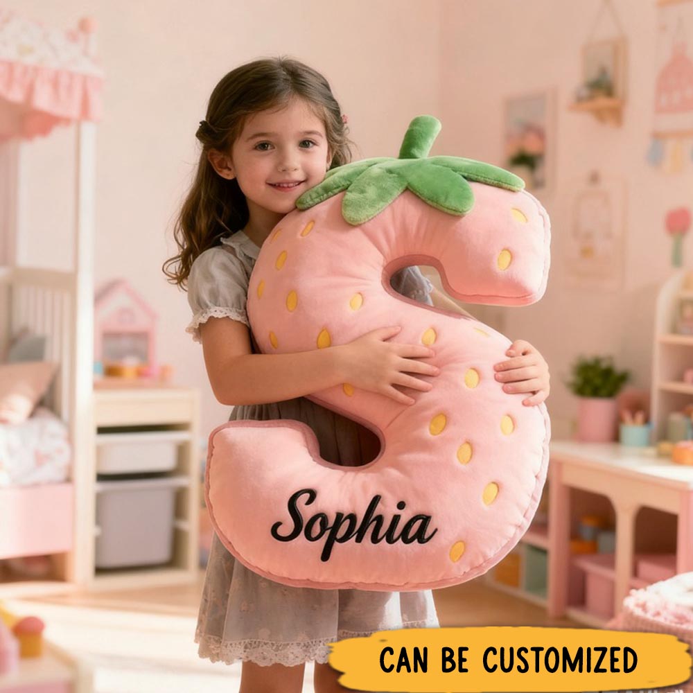 Personalized Cute Strawberry Initial Graphic 3D Print Pillow with Name Christmas Gift for Kids
