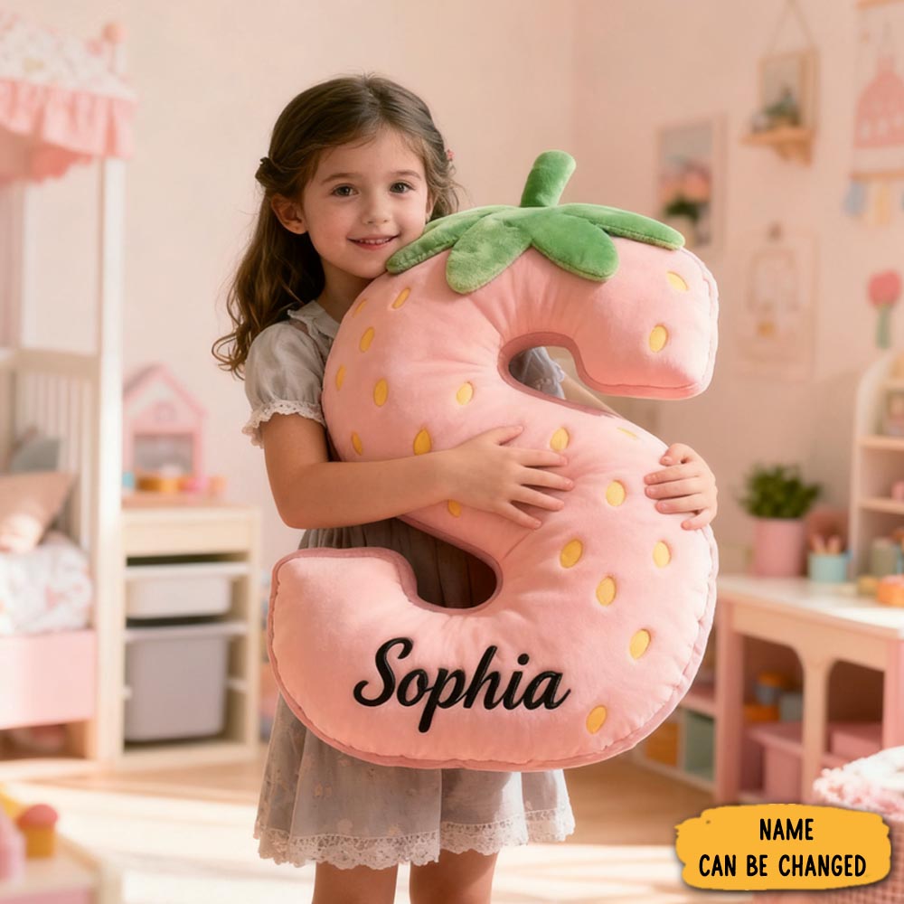 Personalized Cute Strawberry Initial Graphic 3d Print Pillow With Name Christmas Gift For Kids