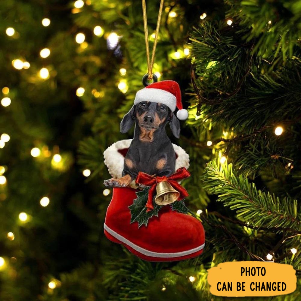 Personalized Dachshund Black And Tan In Santa Boot Christmas Hanging Ornament Heartwarming Holiday Ornament Gift