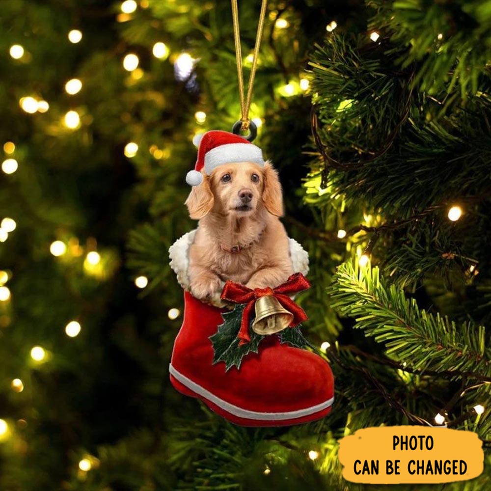 Personalized Dachshund Cream In Santa Boot Christmas Hanging Ornament Joyful Holiday Season Ornament Gift
