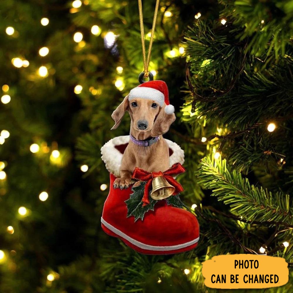 Personalized Dachshund Fawn In Santa Boot Christmas Hanging Ornament Beautiful Graduation Ornament Gift