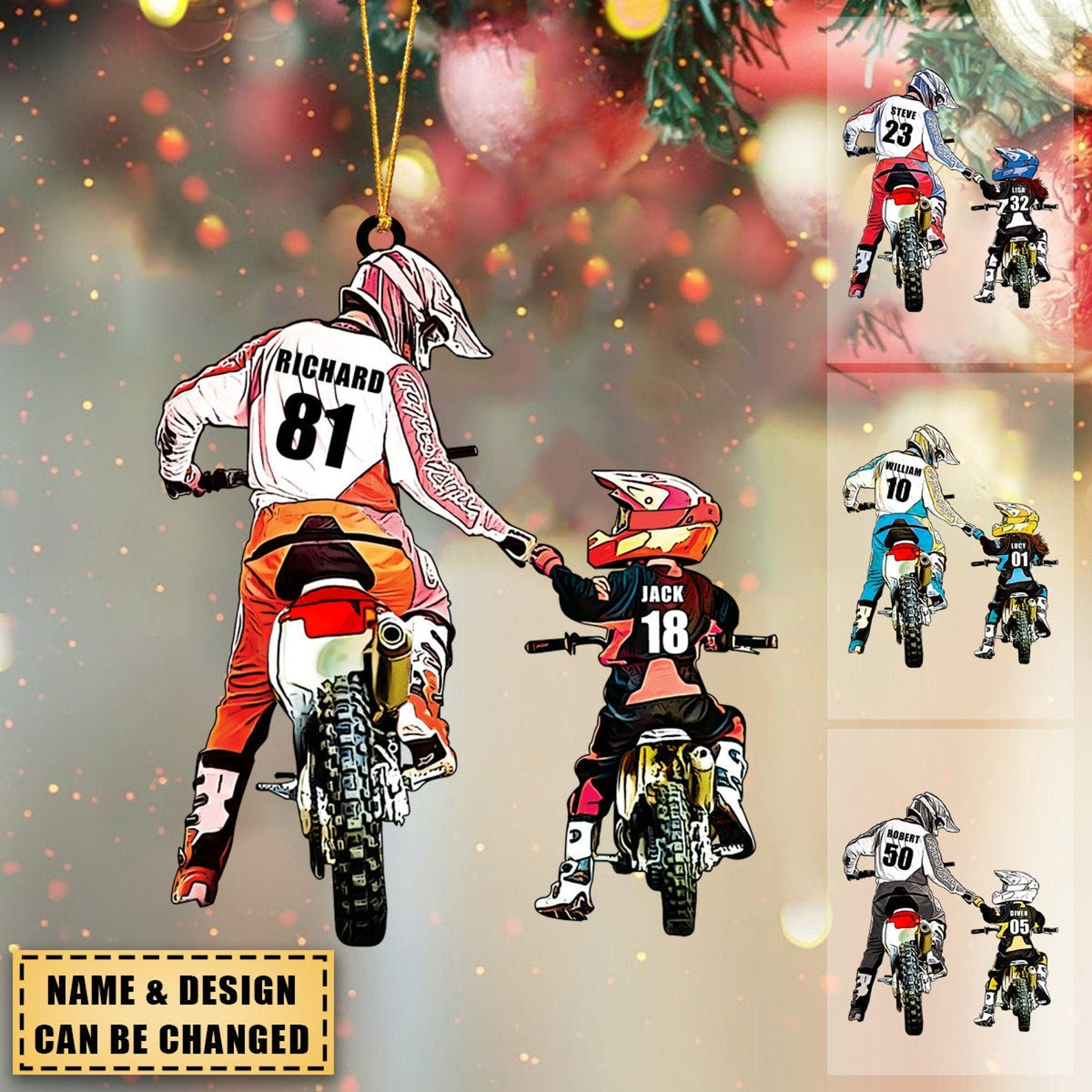 Personalized Dad And Kid Motocross Racer Ornament Custom Name Dirt Biker Flat Christmas Ornament