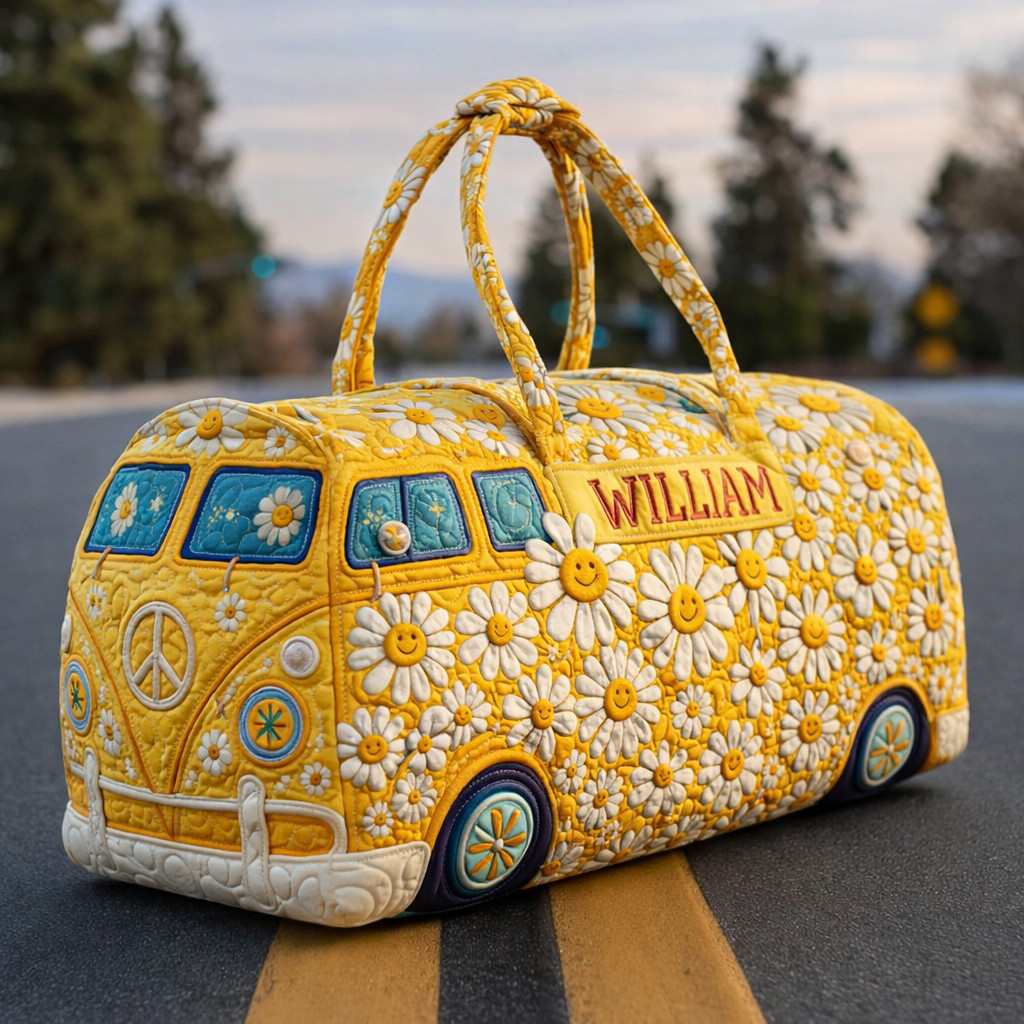 Personalized Daisy Flower Hippie Van Quilted Duffle Bag Smiley Peace Sign Groovy Gift For Flower Lovers