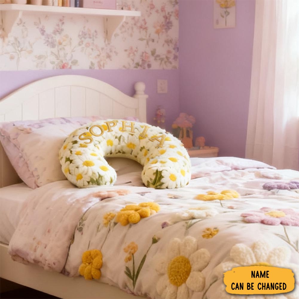 Personalized Daisy Flower Pattern Custom Name Soft Travel Gift Spring Style Cozy Airplane Comfort Bright Yellow Fresh Nature U Shaped Pillow