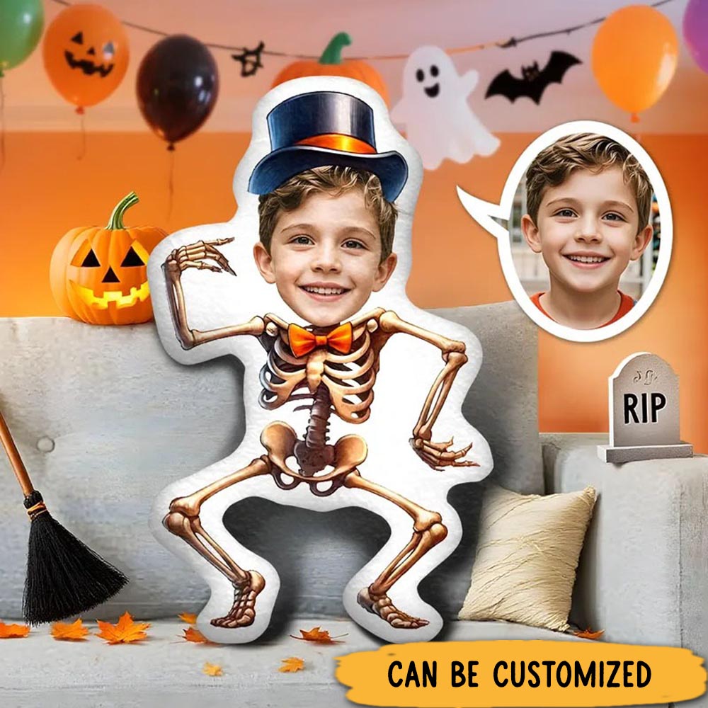Personalized Dancing Skeleton Pillows Festive Halloween Spirit with Custom Photo and Lively Bone Costume