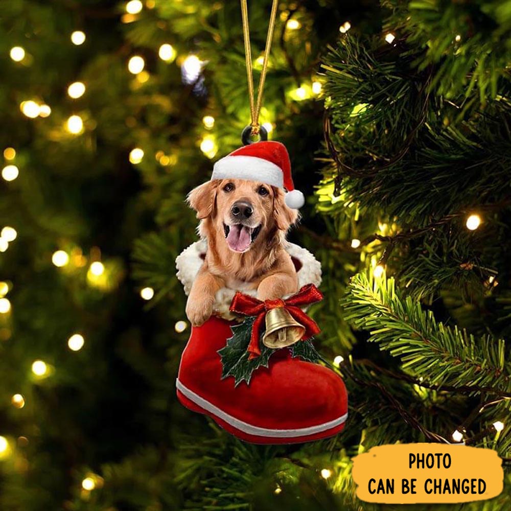 Personalized Dark Golden Retriever In Santa Boot Christmas Hanging Ornament Perfect Christmas Ornament Gift